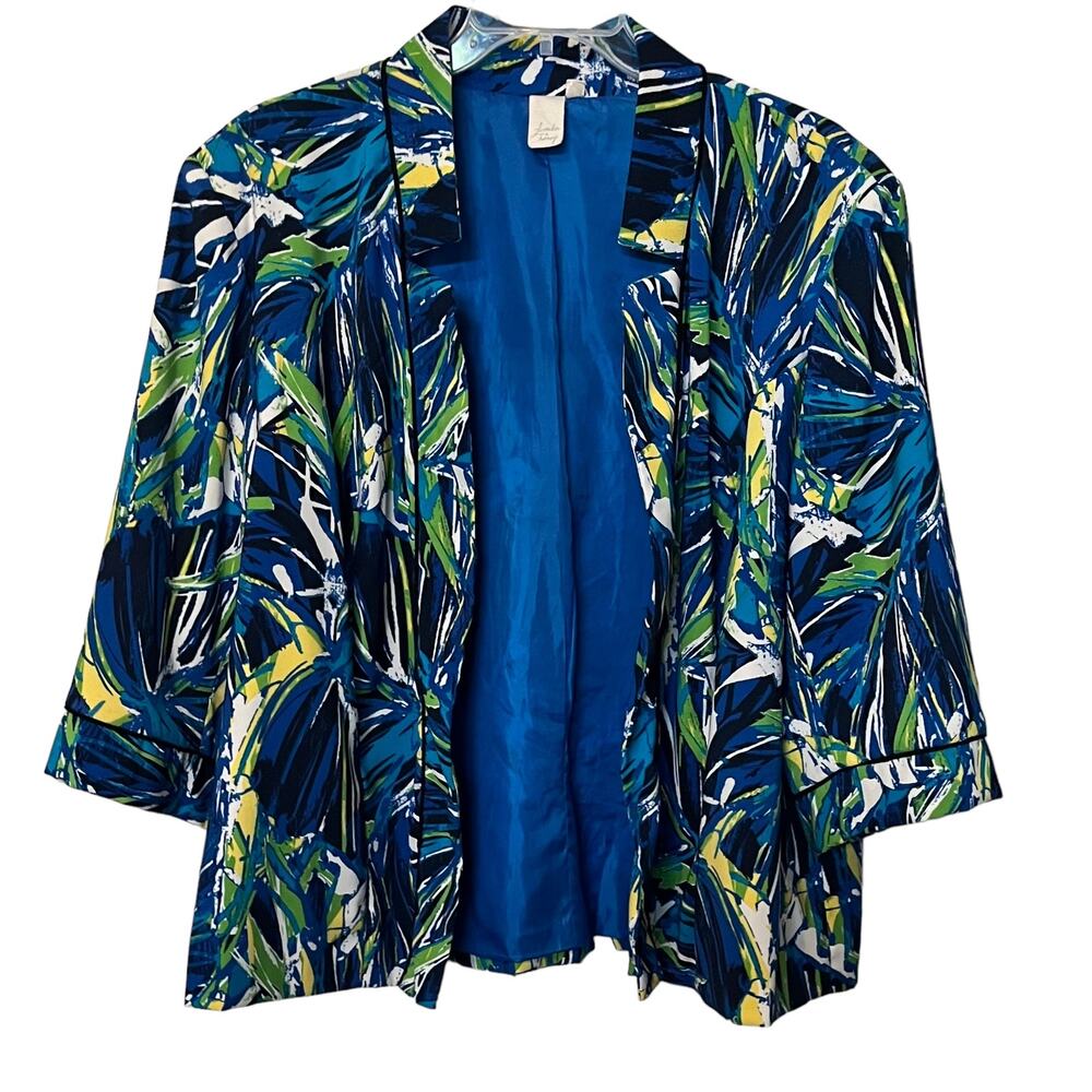 LAVENDER & HONEY 3/4 SLV OPEN-FRONT BLAZER/JACKET, WOMENS, 3X, BLUE YELLOW WHITE